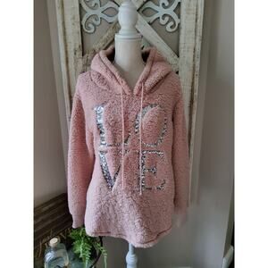 Chance or Fate Sherpa Fleece Hoodie Sequin Love Graphic Pullover Soft Cozy SZ M